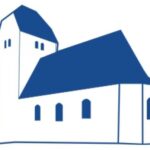 Blauer minimalistischer Umriss einer Kirche - Logo des Förderverein Kirche Schrenz und Umgebung